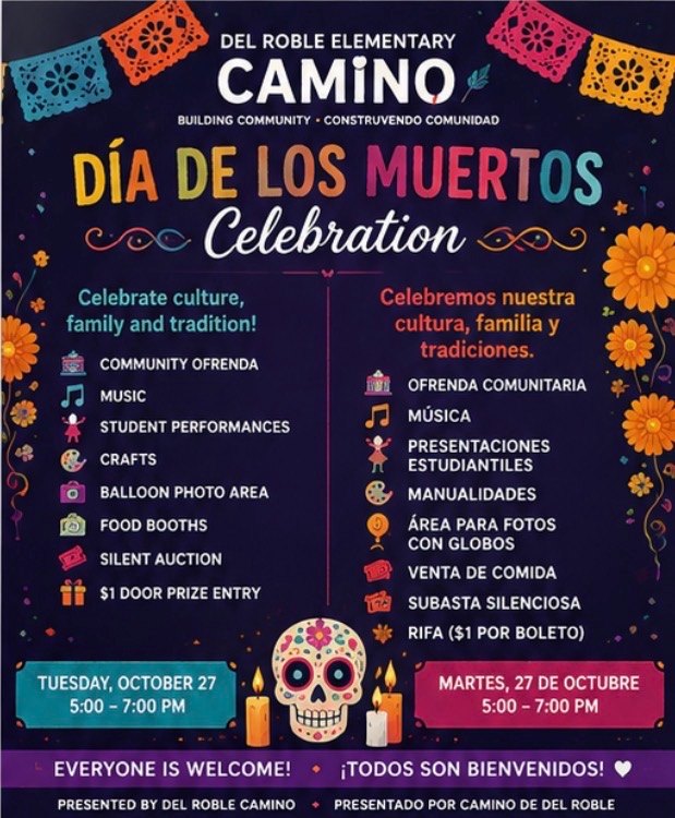 Día de los Muertos Celebration flyer, Tuesday October 27, 5 to 7 PM